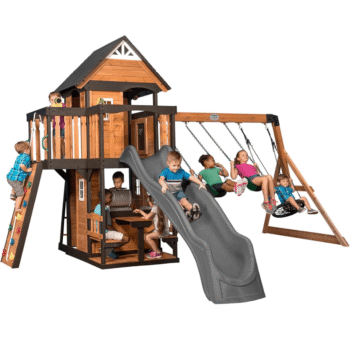 Canyon Creek All Cedar Swing Set Playset w/ Rockwall Upper Fort Belt Swings Web Swing Gray Wave Slide, and Play Kitchen