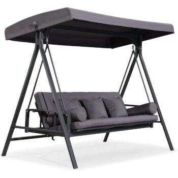 PURPLE LEAF 3-seat Outdoor Patio Porch Swing Adjustable Backrest, Cushions and Pillow Included