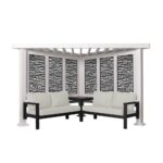 Ridgedale 8 Ft. X 8 Ft. White Steel Modern Cabana Pergola with Conversation Seating in Pumice