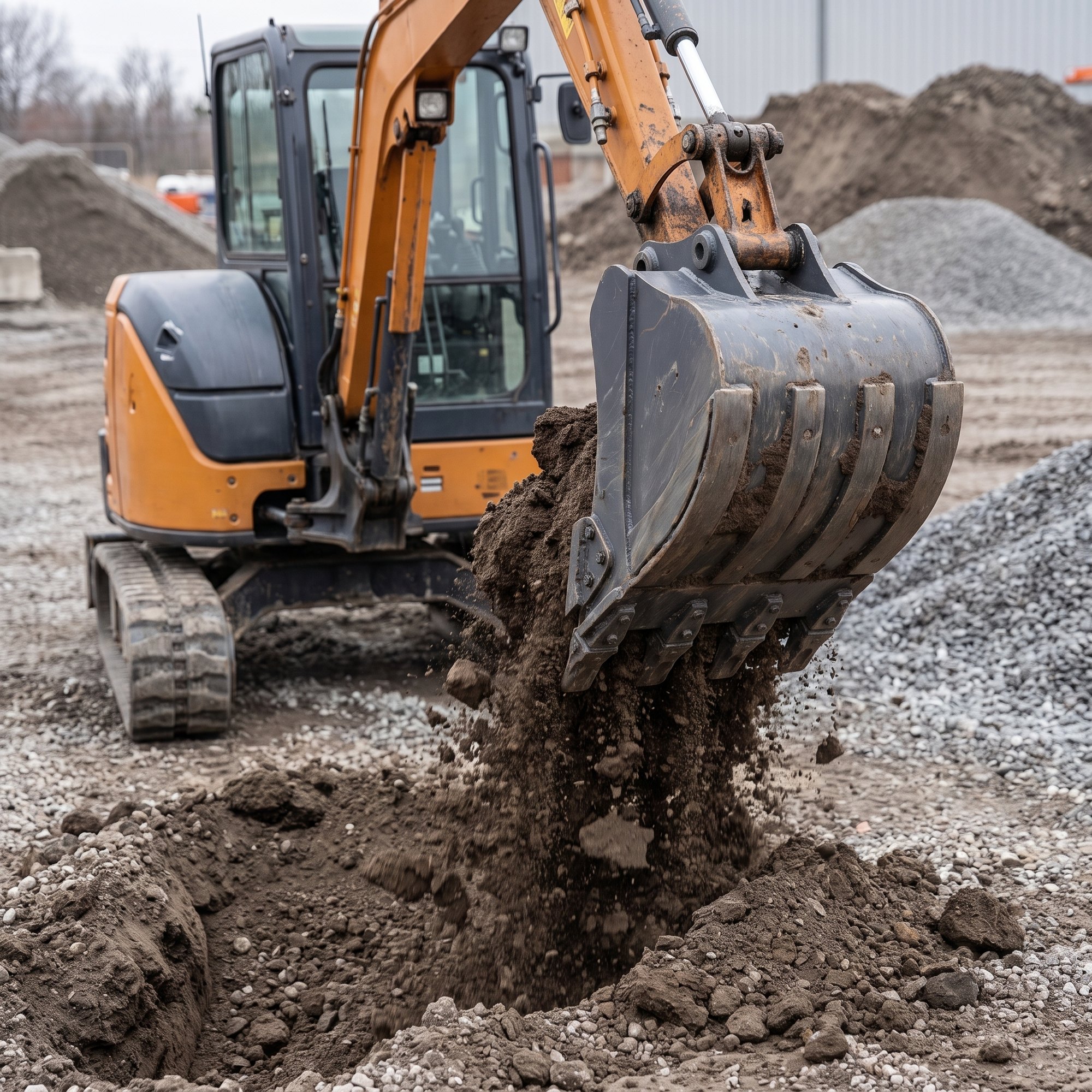 nestiques-18-inch-digging-bucket-mounted.jpg 18 inch digging bucket mounted on a mini excavator arm lifting soil from a trench