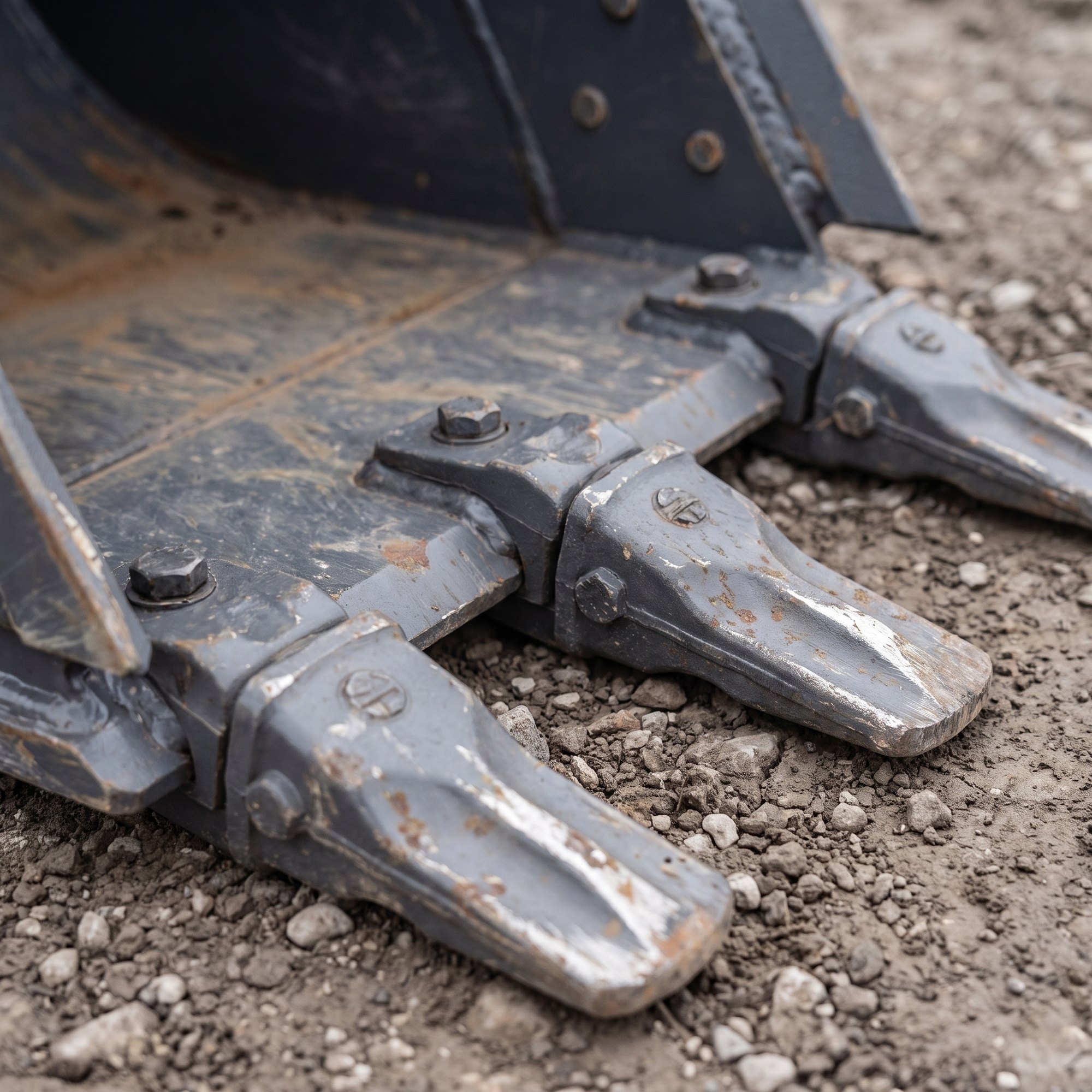 nestiques-18-inch-digging-bucket-teeth-detail.jpg Macro detail of the bolt-on steel teeth and cutting edge on the digging bucket