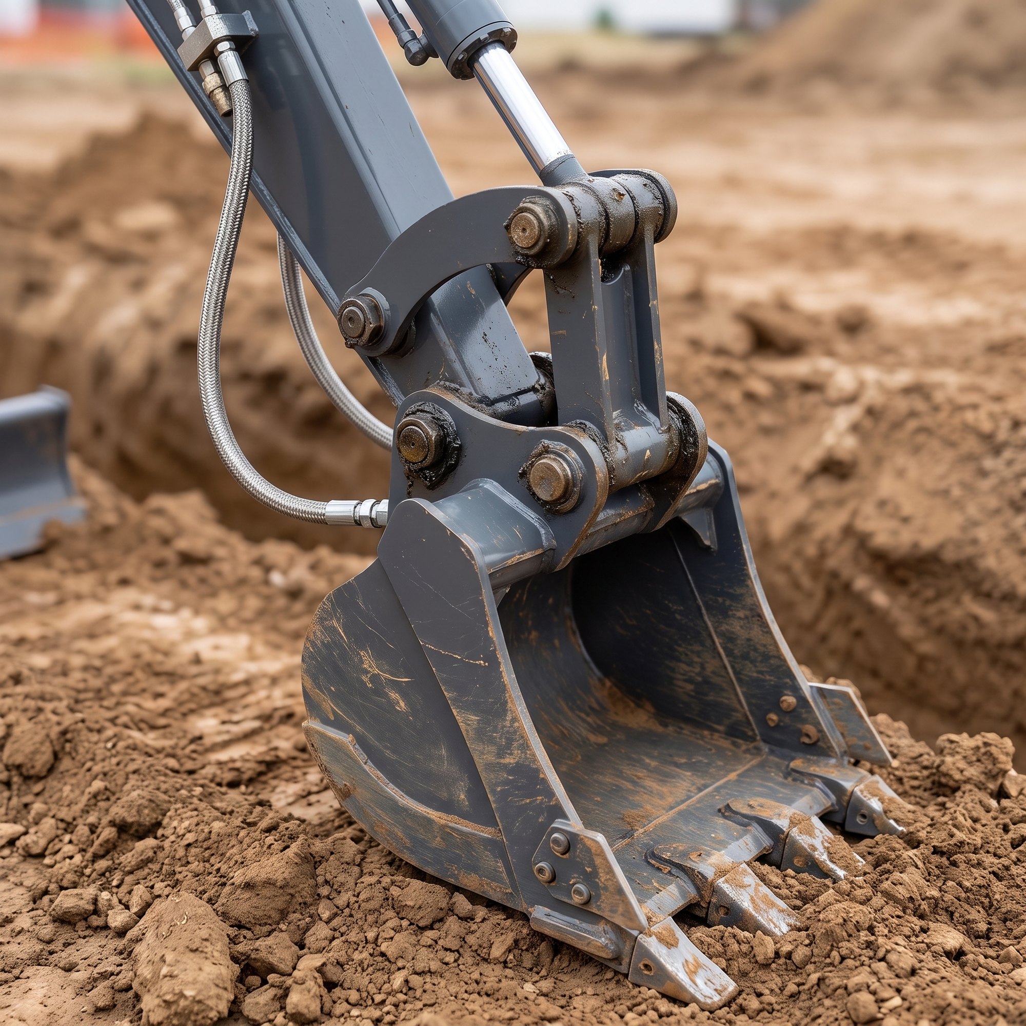 nestiques-mx25-mini-excavator-bucket-detail.jpg Close-up of the MX-25 bucket linkage, greased pivot pins and hydraulic hoses