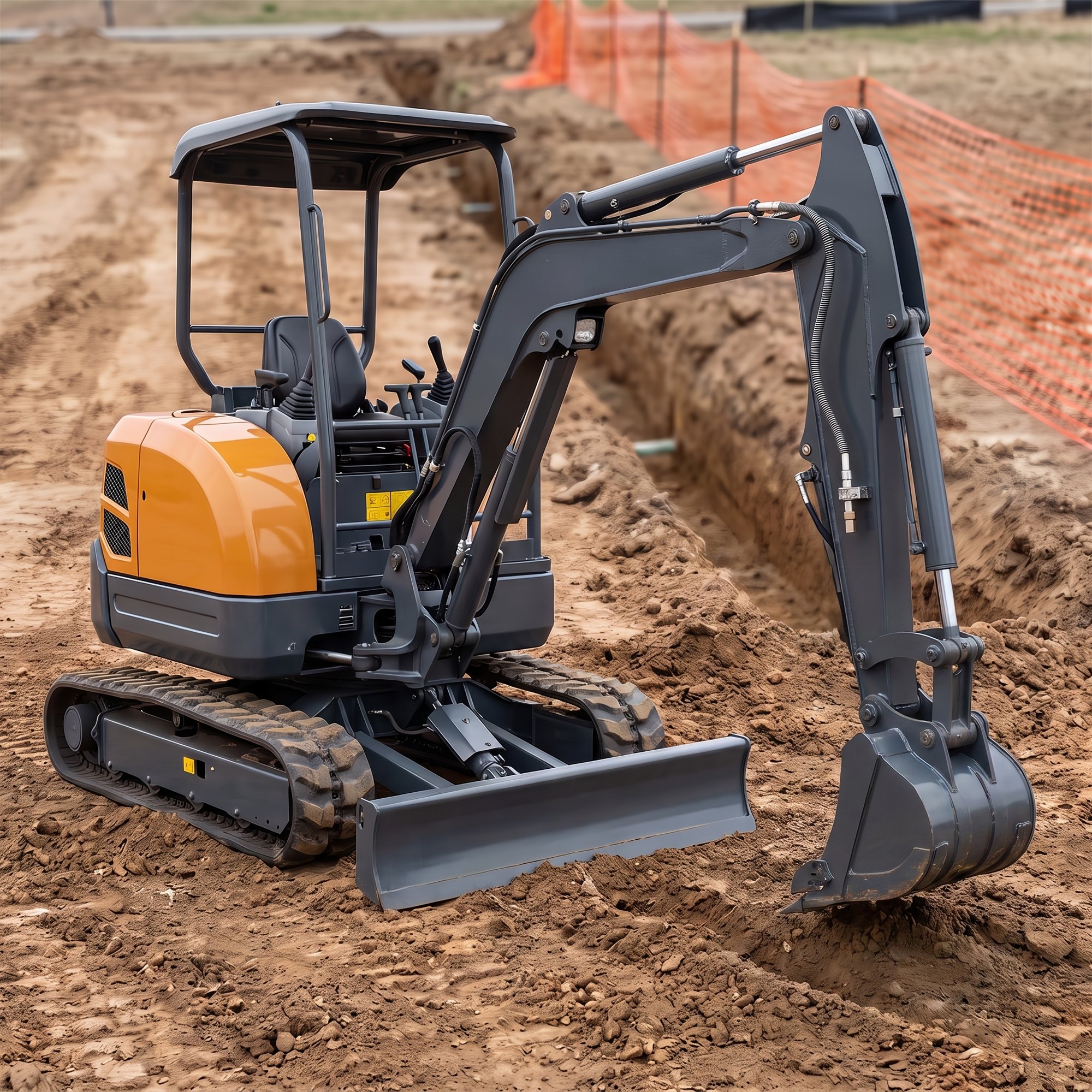 nestiques-mx25-mini-excavator-side.jpg MX-25 mini excavator side profile with the boom extended into an open trench