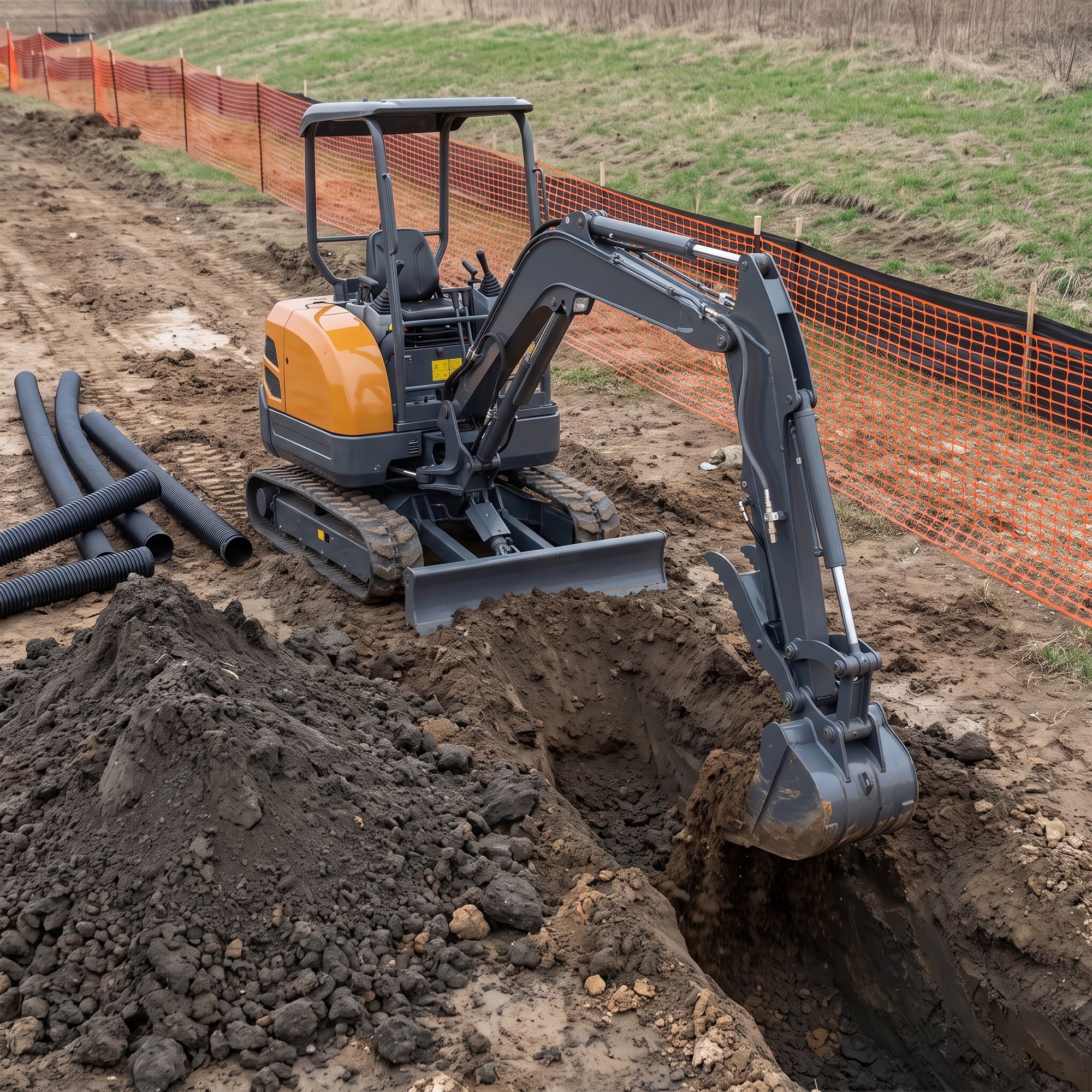 nestiques-mx25-mini-excavator-working-1.jpg MX-25 mini excavator digging a deep utility trench for drainage pipe
